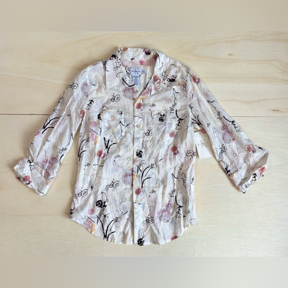 VTG Calvin Klein Jeans Floral Button Up Blouse - Size Small - 100% Cotton